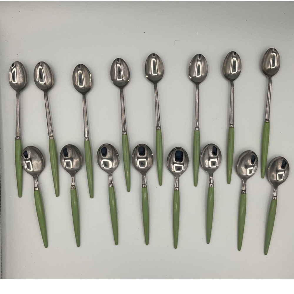 Vintage Castle Flatware Jade Green MCM Retro Iced Tea Spoons Table Spoons 16 PC
